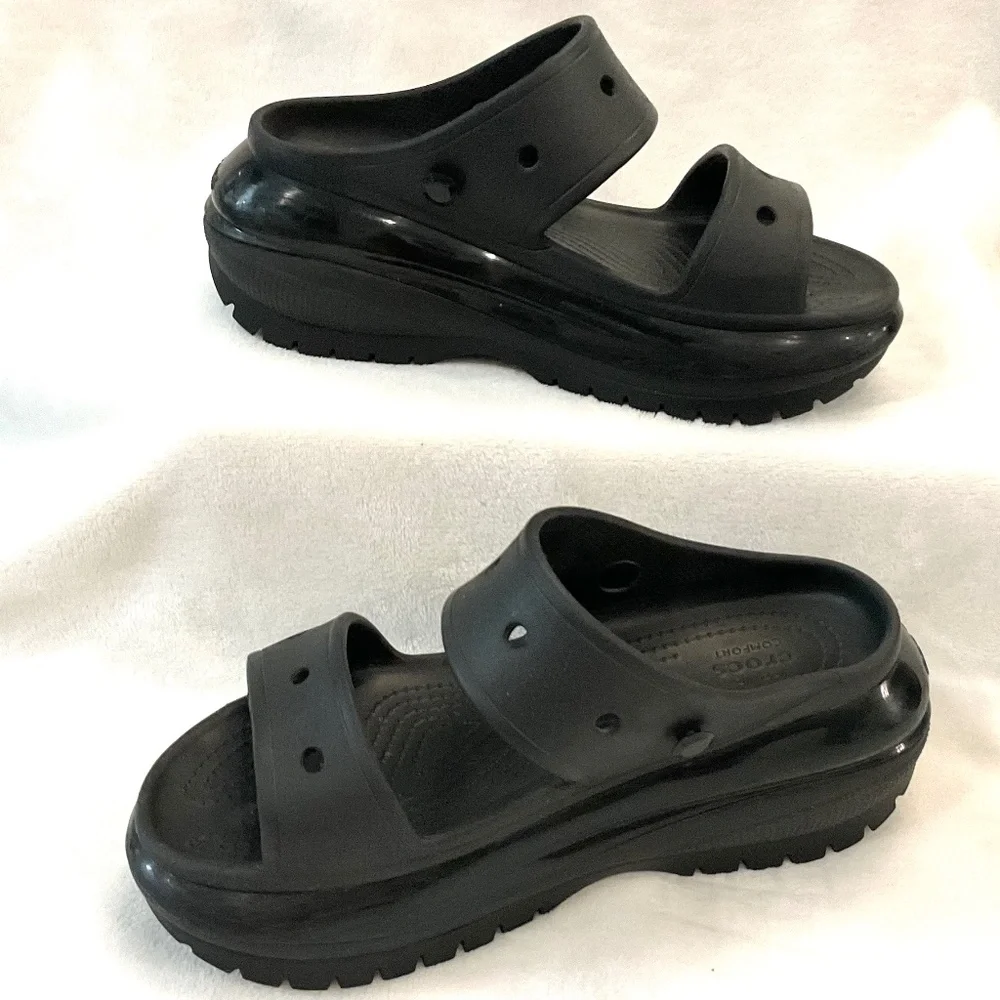 Black Crocs Mega Crush Chunky Platform Y2K Grunge Sandal Men— Sz 9 Wms Sz 11